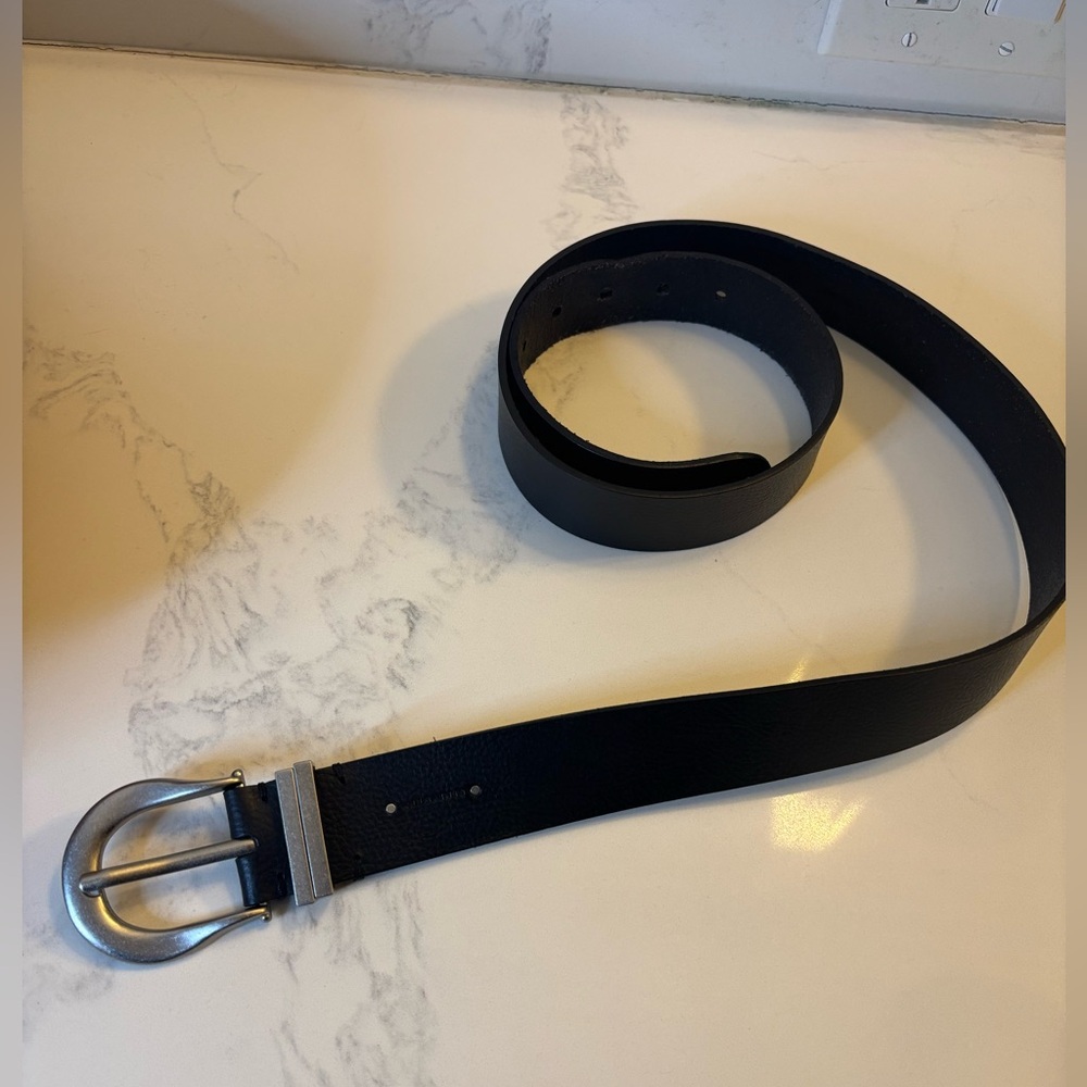 All Saints Black Leather Belt with Silver Buckle